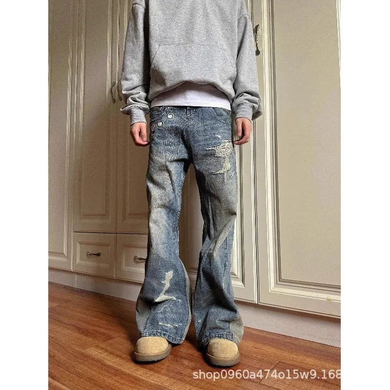 Jean Patchwork Délavé Style Rétro Américain — Coupe Droite, Denim Bleu | Homme