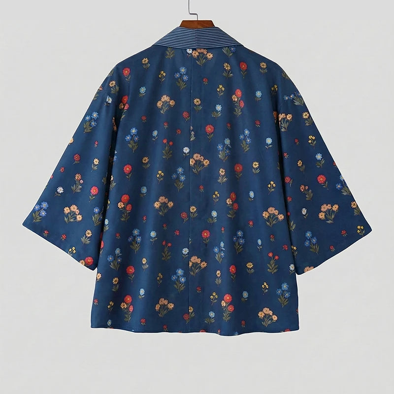 Chemise Florale Patchwork Manches 3/4 — Col V à Nouer, Streetwear Ample | INCERUN 2026