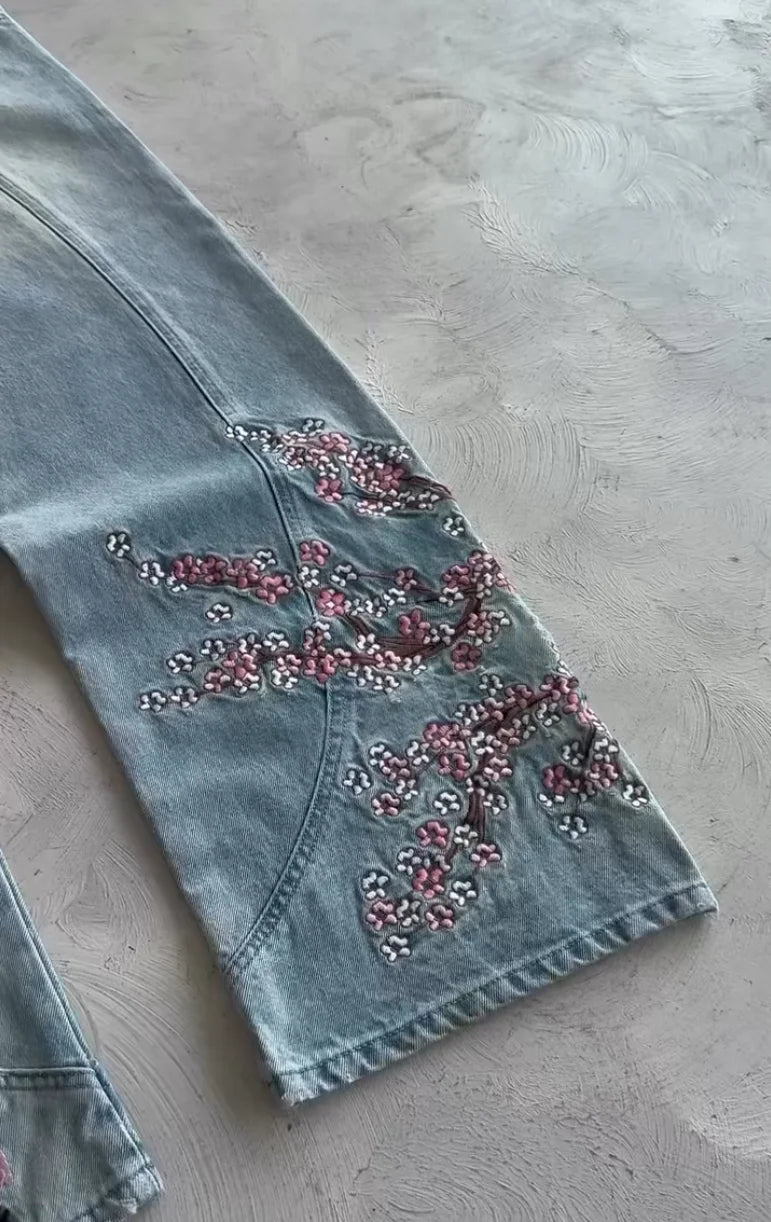 Jean Baggy Droit Y2K Broderie Fleur de Cerisier Chevalier — Denim Vintage Streetwear BiggOrange