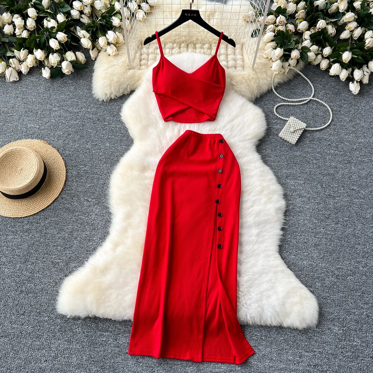 Ensemble 2 Pièces Été — Haut Court Col V + Jupe Longue Fendue Taille Haute Élastique Couleur Unie | Foamlina