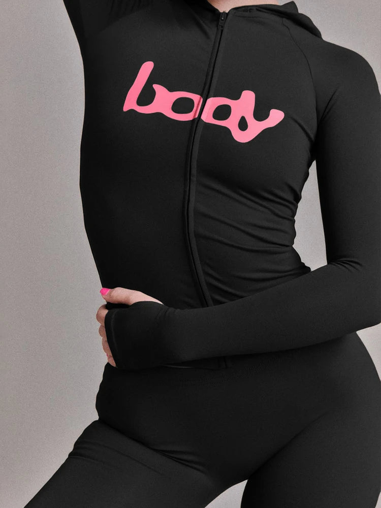 Ensemble 2 Pièces Survêtement Imprimé Lettres – Veste Zippée & Legging Stretch High Street | Femme