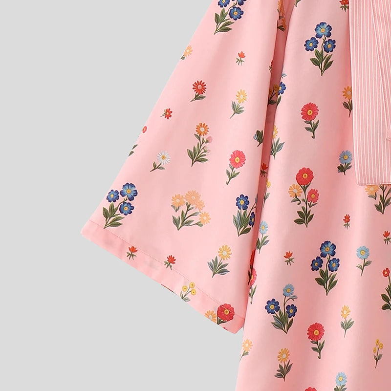 Chemise Florale Patchwork Manches 3/4 — Col V à Nouer, Streetwear Ample | INCERUN 2026