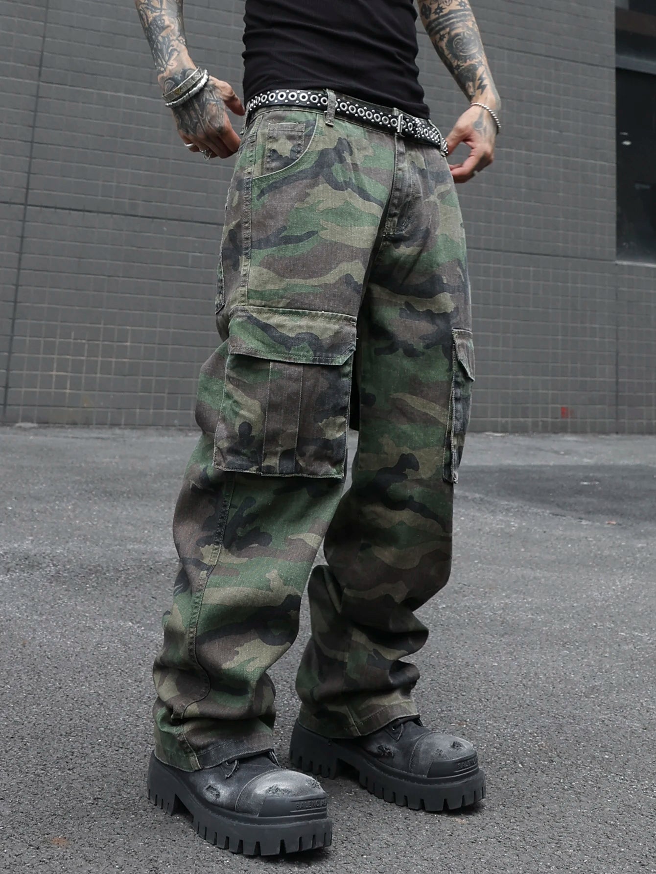 Jean Cargo Camouflage Vert Armée Multi-Poches — Coupe Ample Style Militaire Streetwear Homme