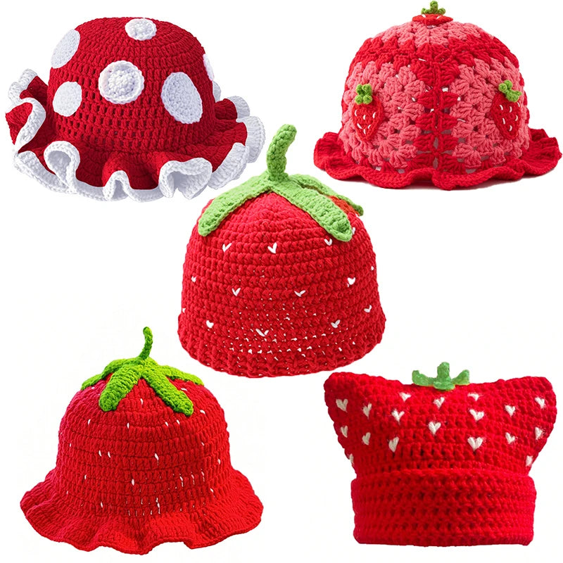 Chapeau Pêcheur Fraise Crocheté à la Main – Bob Kawaii à Volants Style Bohème | Femme