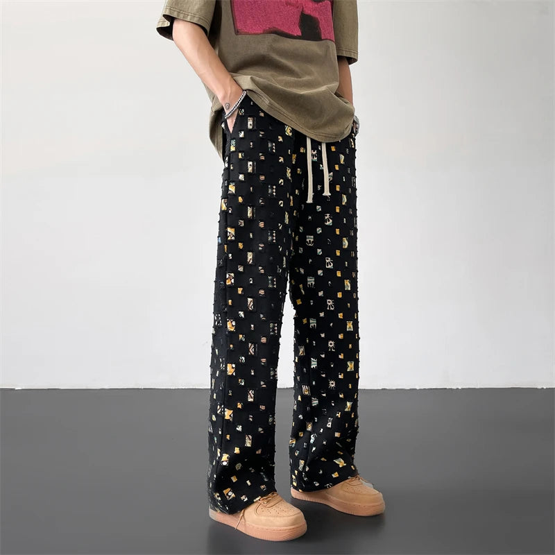 Pantalon Large Ajouré Rétro – Streetwear Hip-Hop À Carreaux Colorés | Homme Décontracté