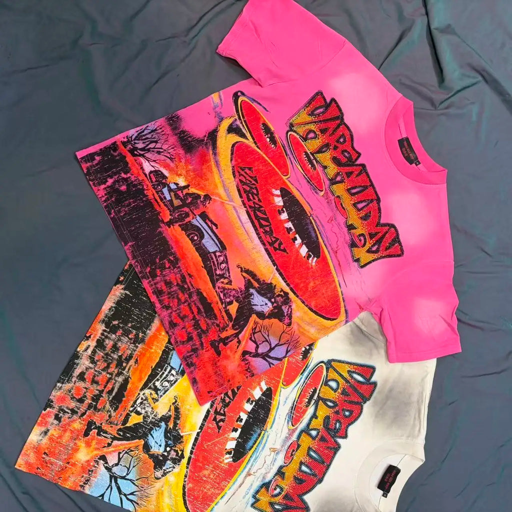 T-shirt Coton Manches Courtes Unisexe — Lettres Strass Effet Diamant Brillant Streetwear Harajuku Hip Hop Coupe Ample | HANGJIA
