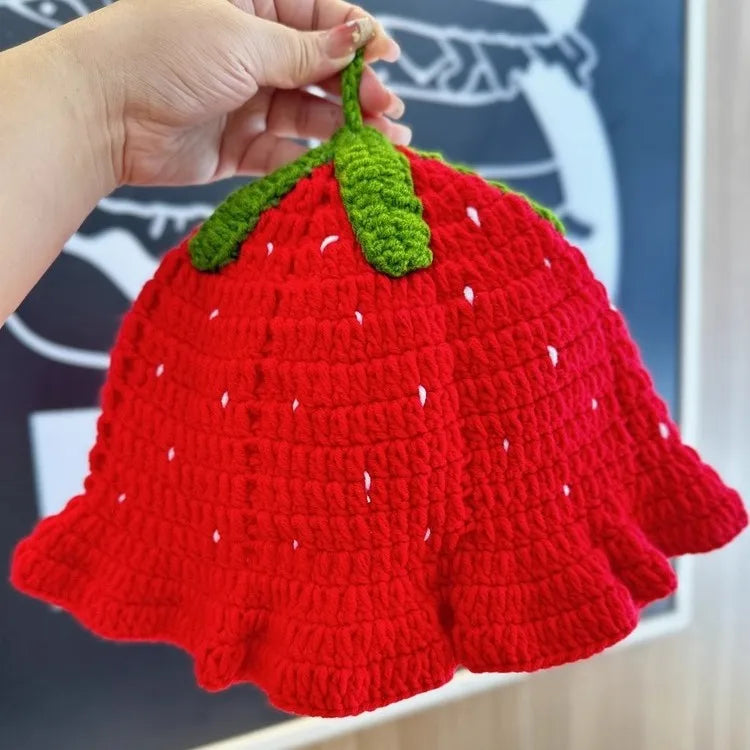 Chapeau Pêcheur Fraise Crocheté à la Main – Bob Kawaii à Volants Style Bohème | Femme