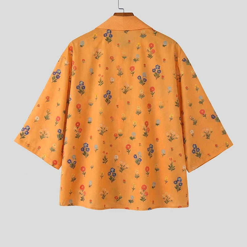Chemise Florale Patchwork Manches 3/4 — Col V à Nouer, Streetwear Ample | INCERUN 2026