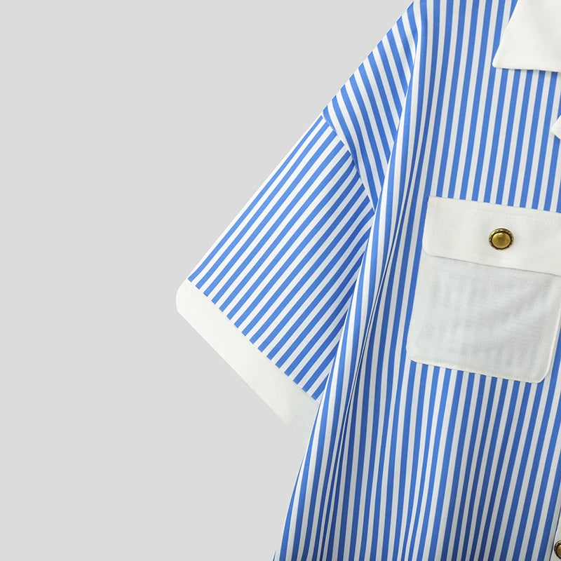 Chemise Rayée Patchwork Coutures Colorées INCERUN — Manches Courtes Ajustée Été 3 Coloris