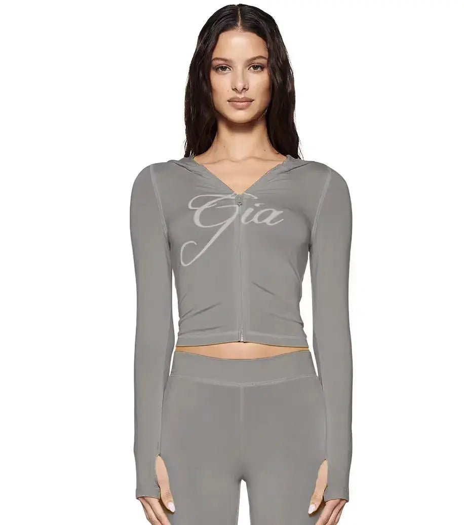Ensemble veste courte à capuche zippée et pantalon, coupe slim, imprimé lettres, design à fils apparents, GIA
