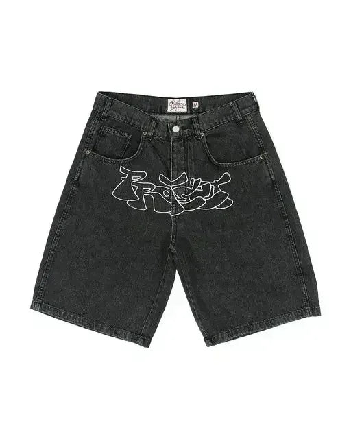 Short Denim Brodé Fleurs de Cerisier Y2K – Gothique Harajuku Punk Streetwear | Unisexe