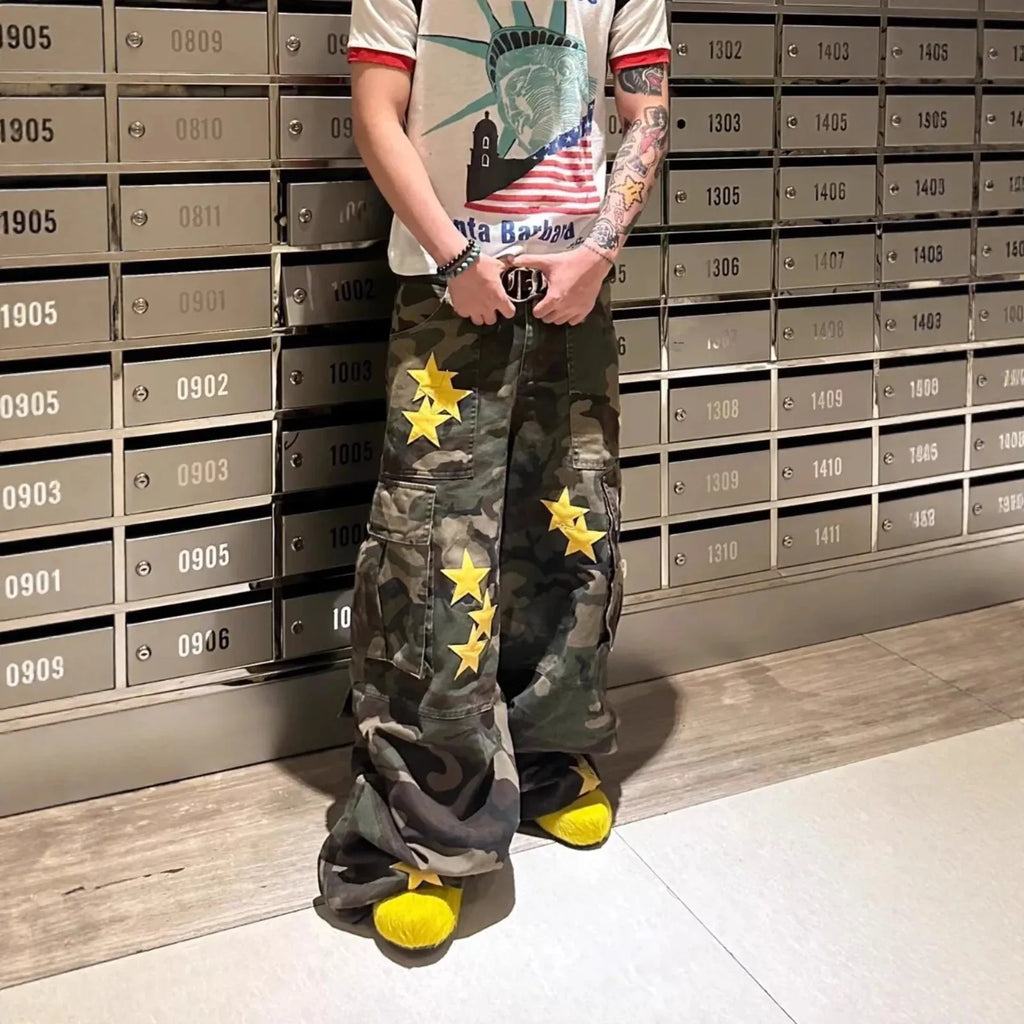 Jean Camouflage Homme — Jambes Larges Ample Longueur Sol Hip Hop Rétro High Street Style Européen Américain