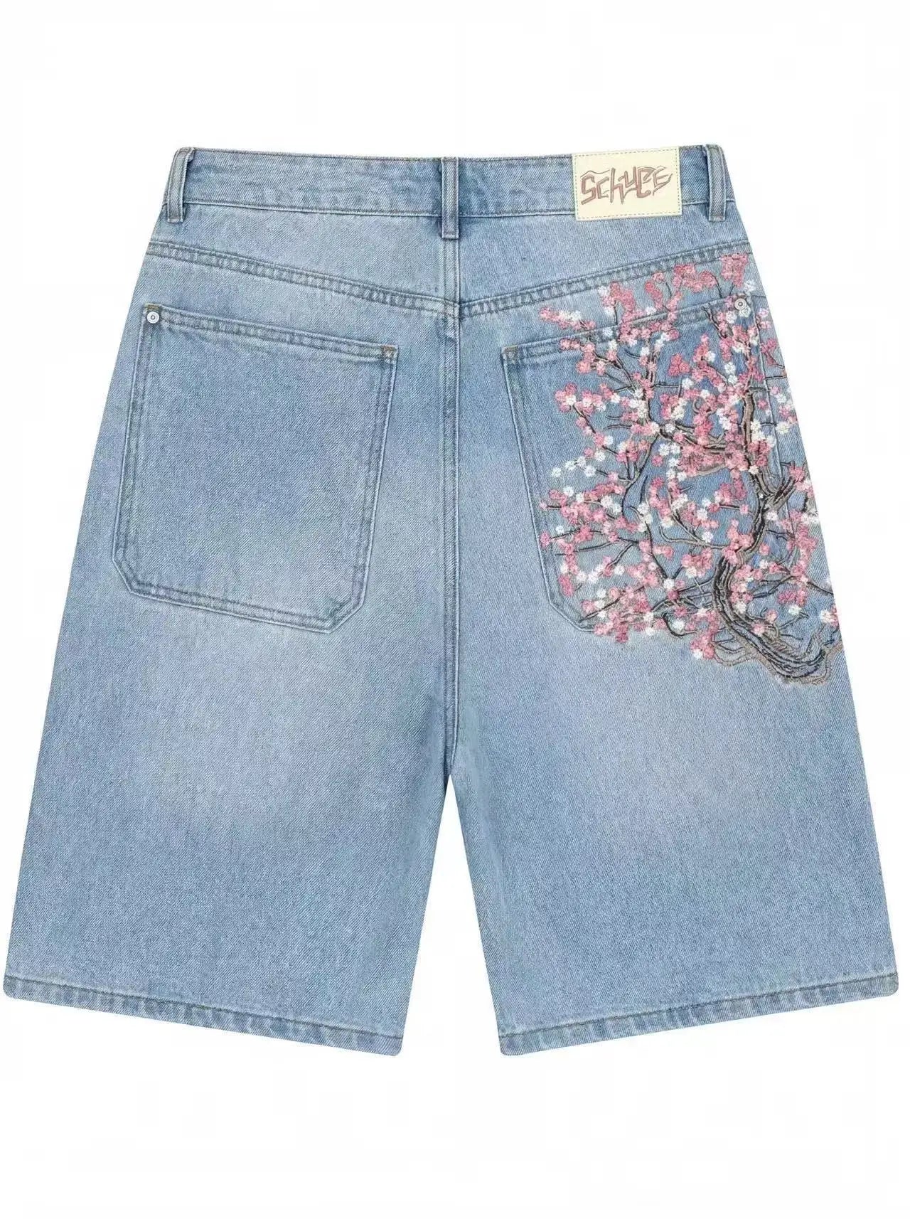 Short en Jean Vintage Y2K – Brodé Fleurs de Cerisier Streetwear Délavé | Unisexe Été
