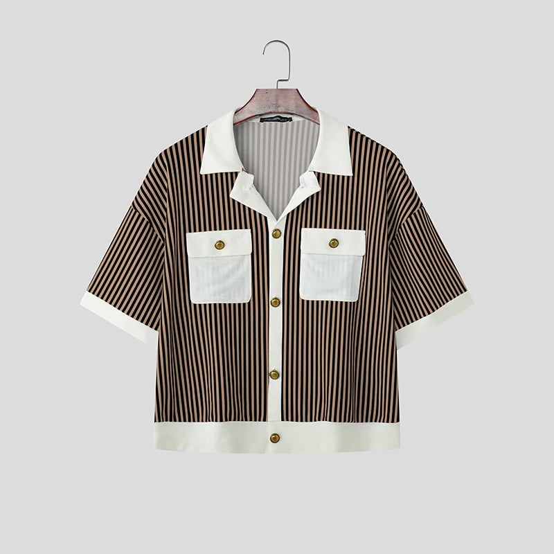 Chemise Rayée Patchwork Coutures Colorées INCERUN — Manches Courtes Ajustée Été 3 Coloris