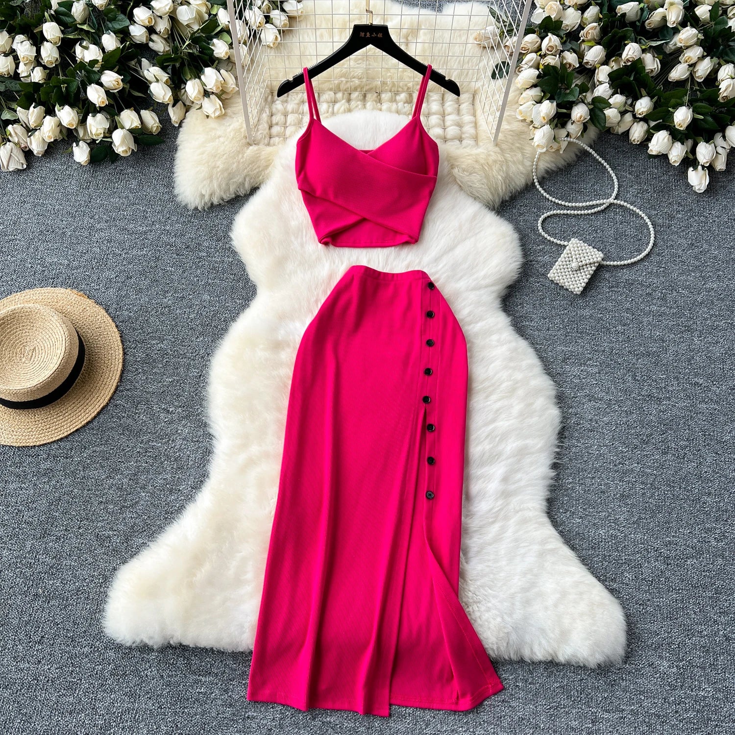 Ensemble 2 Pièces Été — Haut Court Col V + Jupe Longue Fendue Taille Haute Élastique Couleur Unie | Foamlina