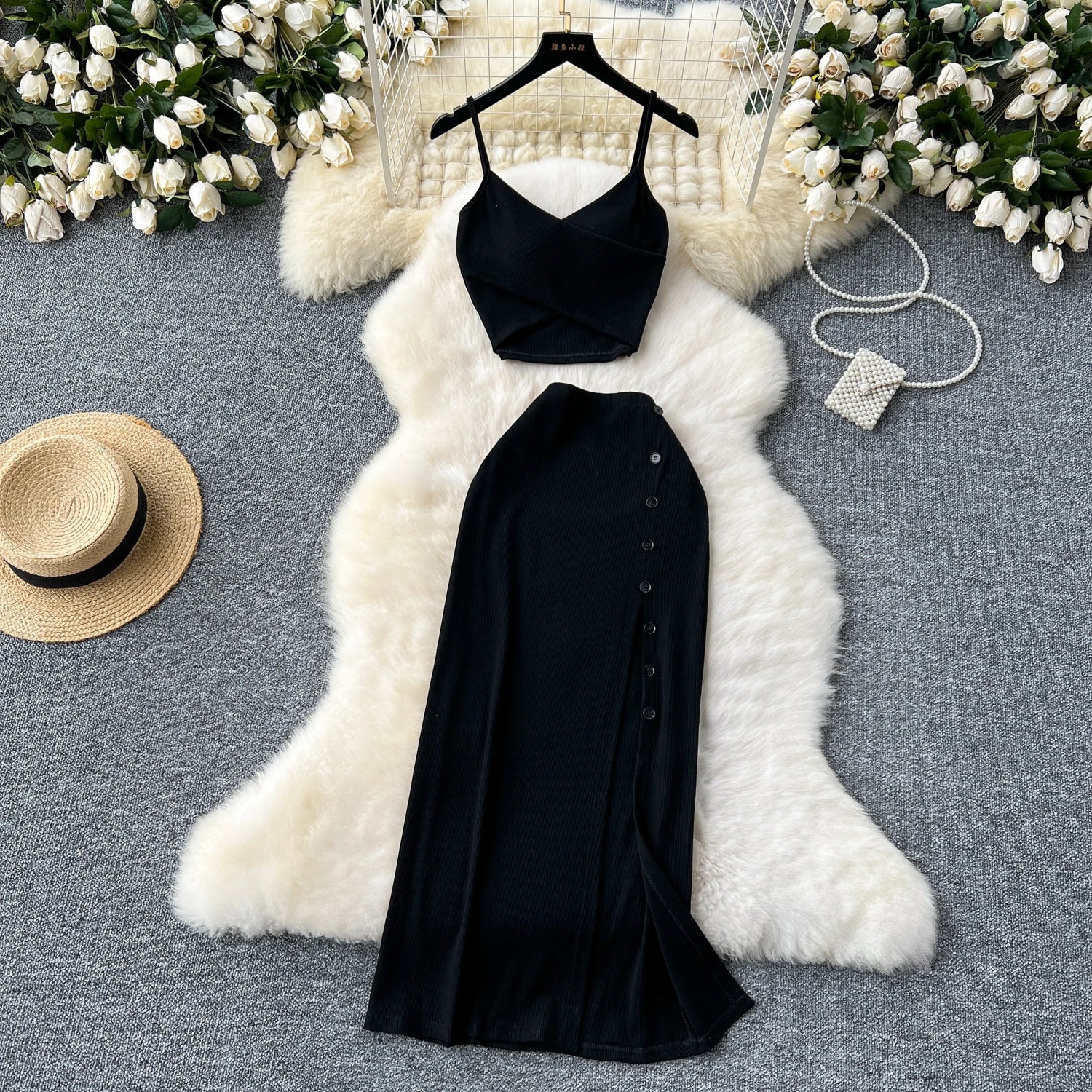 Ensemble 2 Pièces Été — Haut Court Col V + Jupe Longue Fendue Taille Haute Élastique Couleur Unie | Foamlina