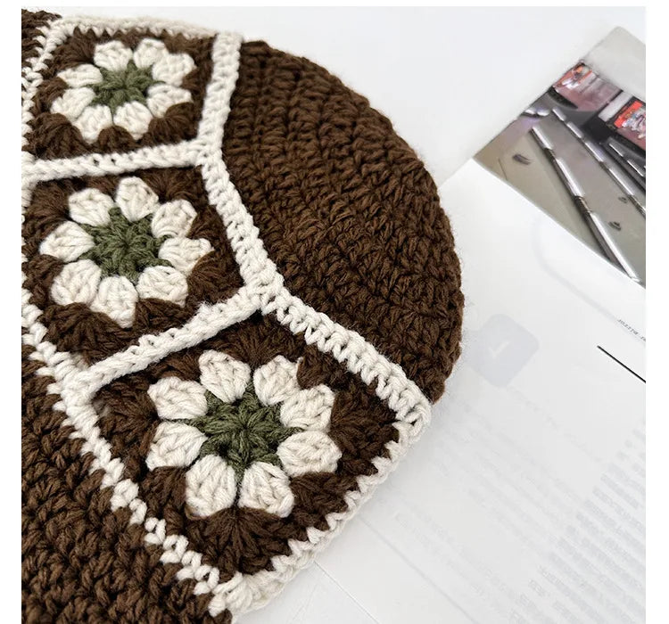 Chapeau Seau Coréen Crocheté à la Main – Bob Fleurs Y2K | Femme Automne Hiver 2025