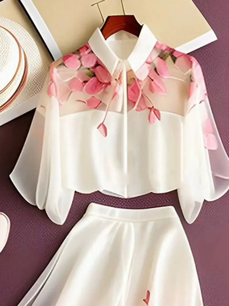 Ensemble 2 Pièces Élégant — Chemise Florale Manches Courtes Lâche + Jupe Mi-Mollet Taille Élastique | Printemps Été