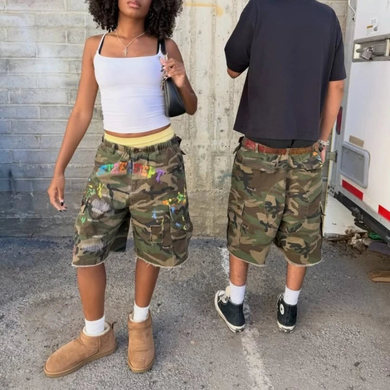 Short Cargo Y2K Camouflage — Éclaboussures de Peinture, Baggy, Hip Hop Unisexe | BiggOrange