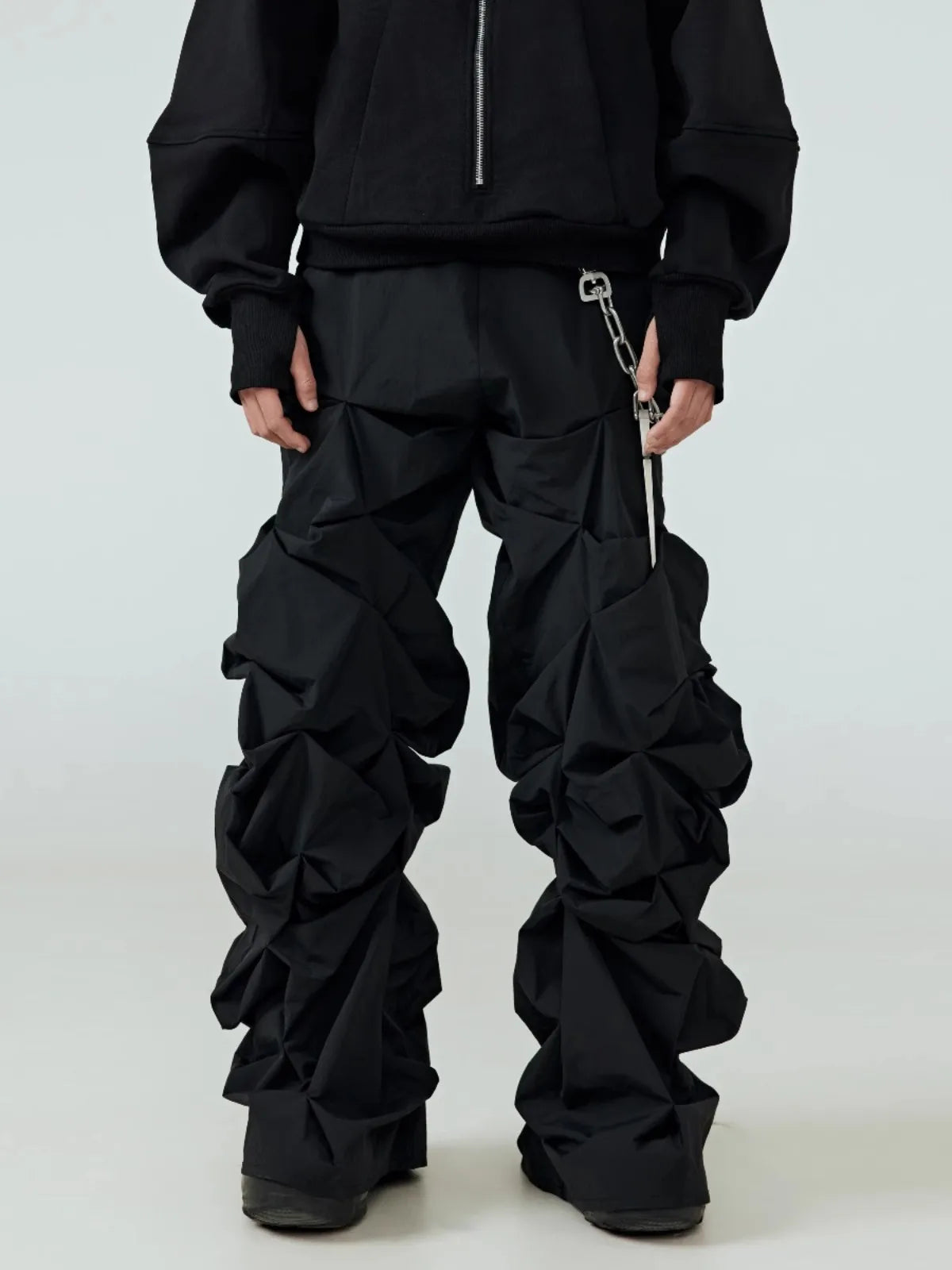 Pantalon Jambe Large Noir Empilé Streetwear Luxe — Plissé Taille Élastique 4 Saisons Mauroicardi