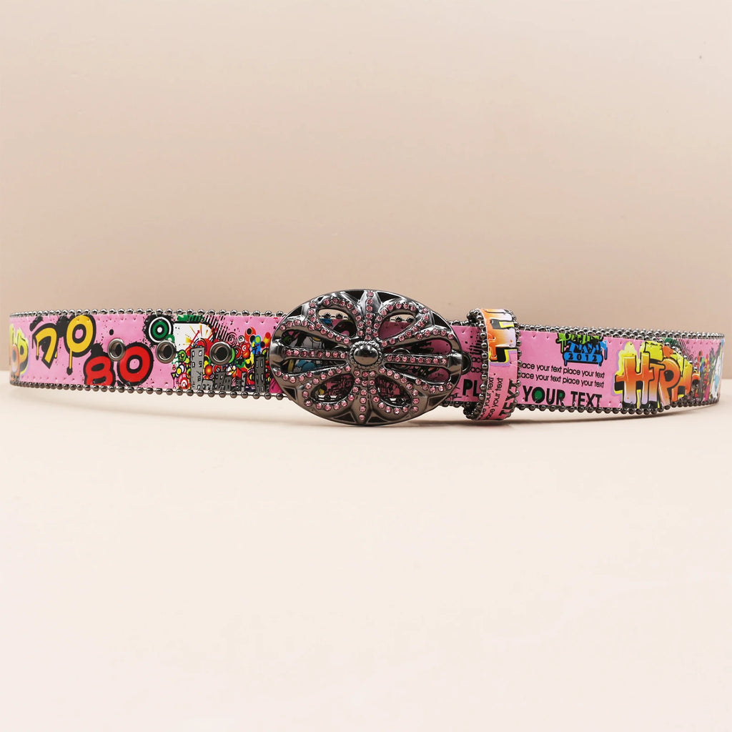 Ceinture PU Unisexe — Imprimé Graffiti Punk Bohème Y2K Hip Hop Western Cowboy Cowgirl Boucle Personnalisée