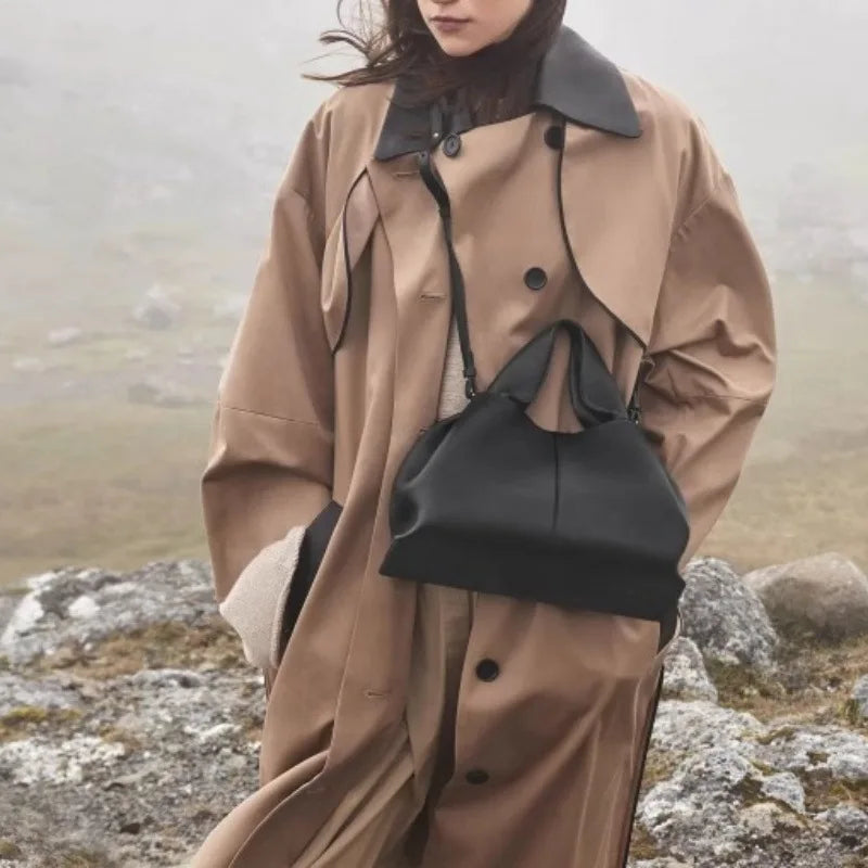 Sac Seau Plissé en Cuir Véritable — Bandoulière Luxe Couleur Unie