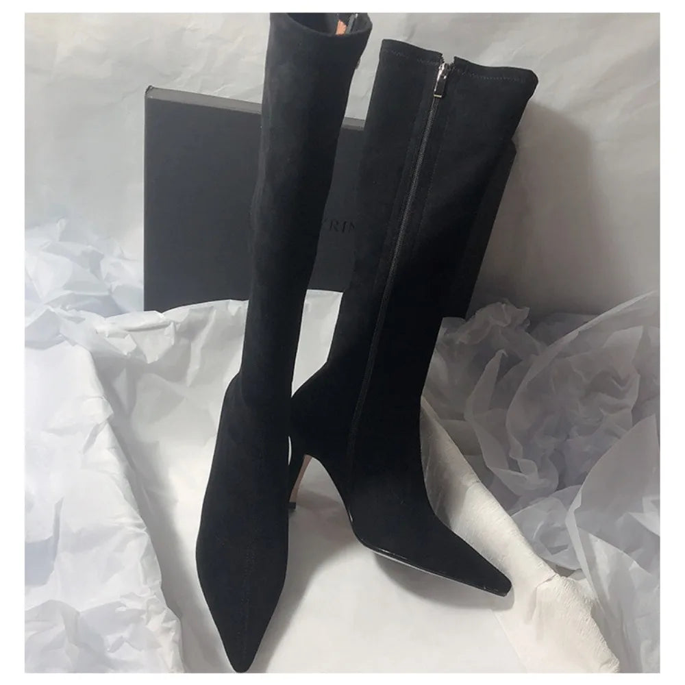 Bottines Cheville Daim Élastique Bout Pointu — Talon Aiguille Sexy Fermeture Éclair