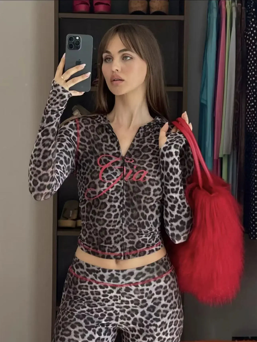 Ensemble veste courte à capuche zippée et pantalon, coupe slim, imprimé lettres, design à fils apparents, GIA
