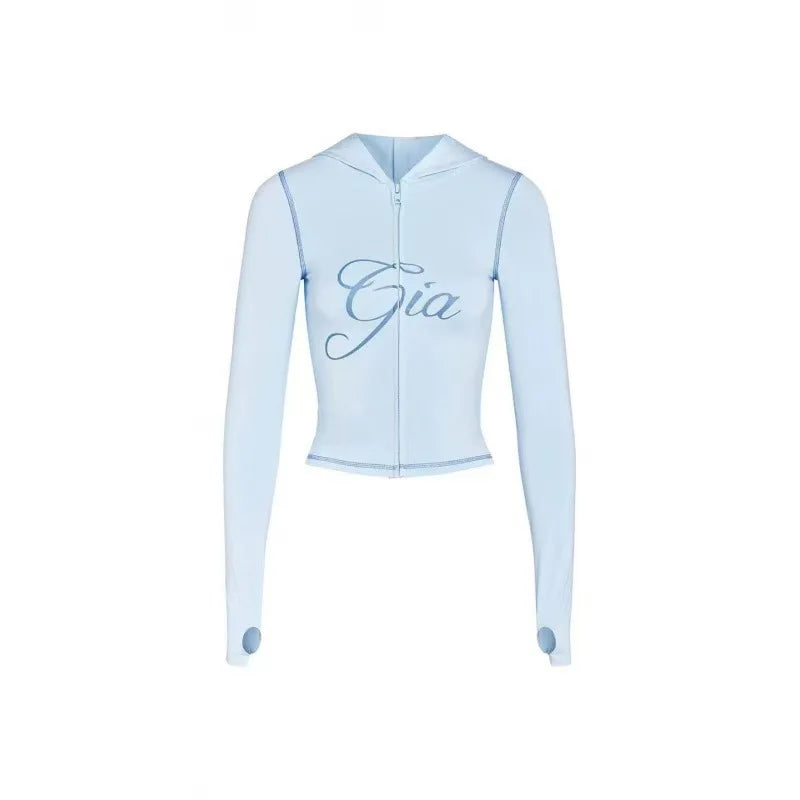 Nouvel ensemble minimaliste confortable GIA : veste à capuche zippée en velours et pantalon ample coupe slim en bleu