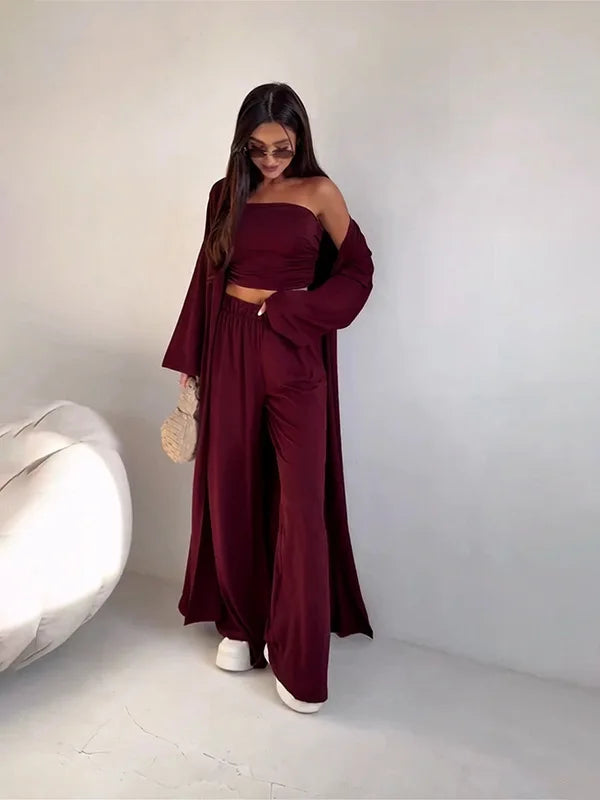 Ensemble 3 Pièces Femme — Débardeur, Long Cardigan & Pantalon Large Élégant | Bureau Été
