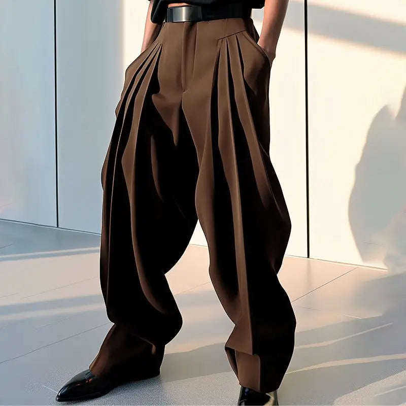 Jogger Plissé Couleur Unie — Style Coréen, Streetwear Décontracté Ample | INCERUN 2024