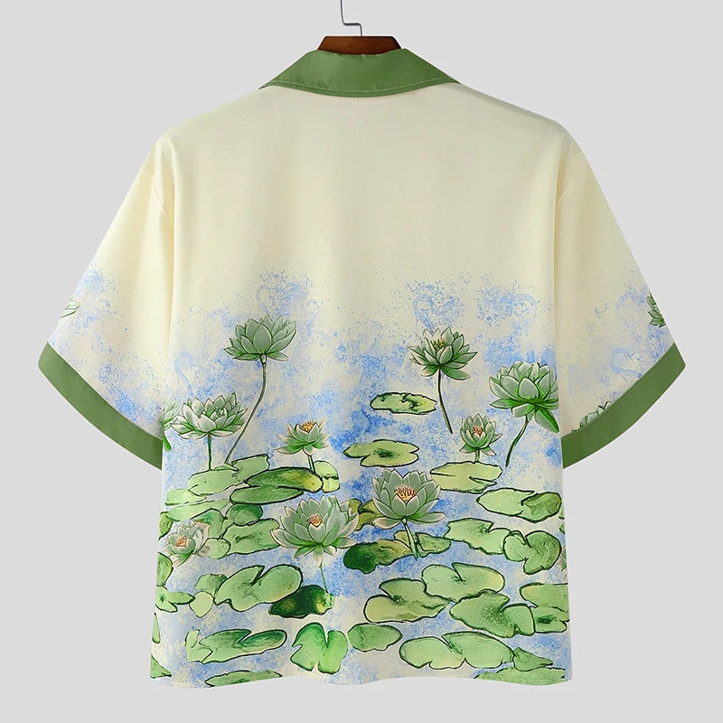 Chemise Patchwork Imprimée Manches Courtes — Col Rabattu, Streetwear Été Ample | INCERUN 2025