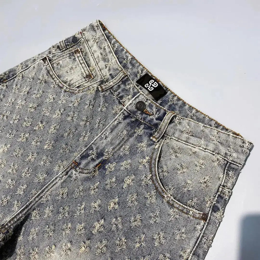 Short Denim Y2K Hip Hop Jacquard Ample Rétro — Style Américain Luxe Été Homme
