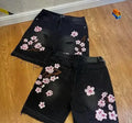 Short Denim Brodé Fleurs de Cerisier Y2K – Gothique Harajuku Punk Streetwear | Unisexe