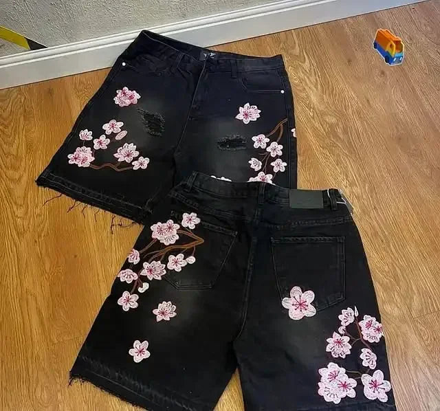 Short Denim Brodé Fleurs de Cerisier Y2K – Gothique Harajuku Punk Streetwear | Unisexe