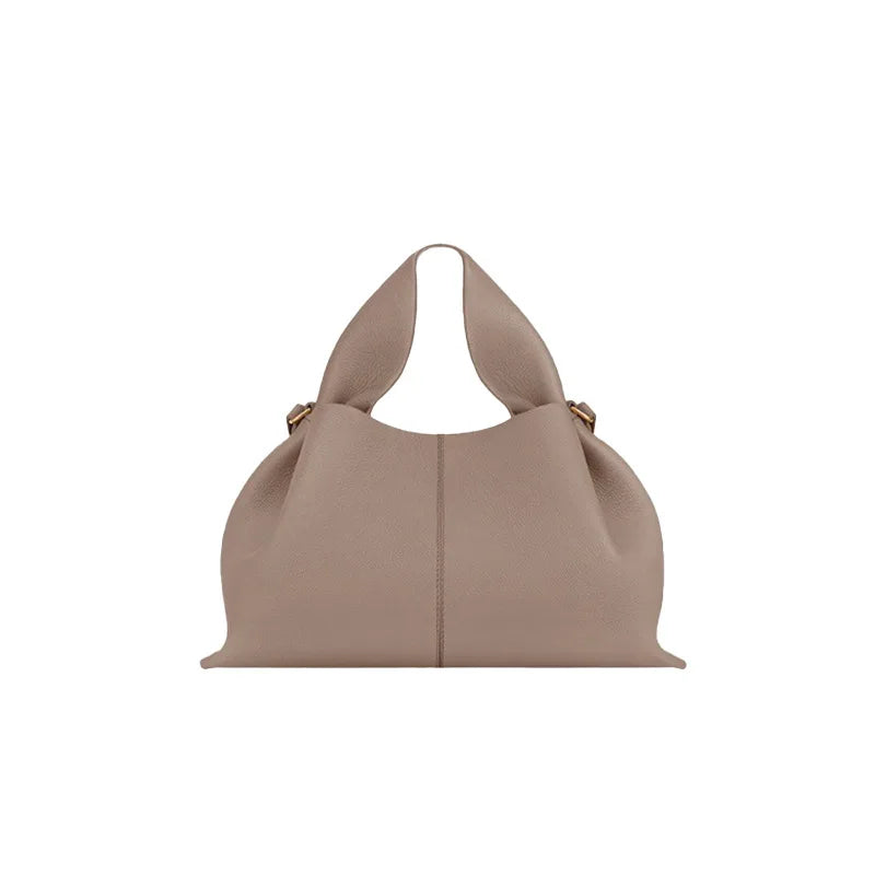 Sac Seau Plissé en Cuir Véritable — Bandoulière Luxe Couleur Unie