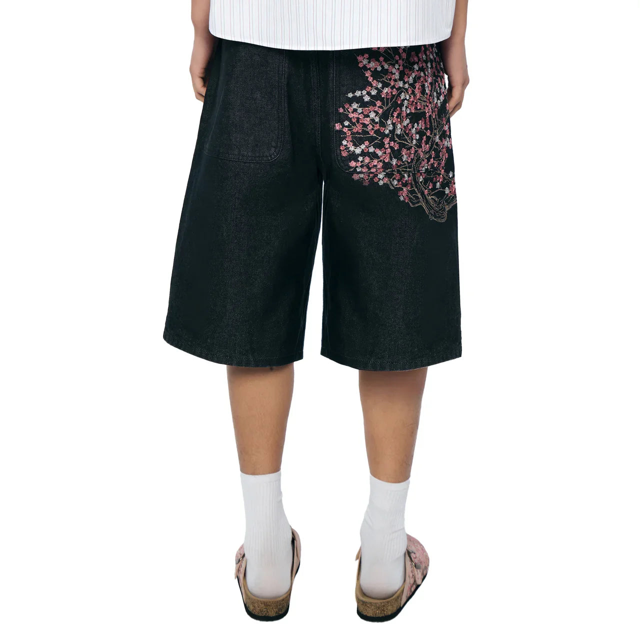 Short en Jean Vintage Y2K – Brodé Fleurs de Cerisier Streetwear Délavé | Unisexe Été