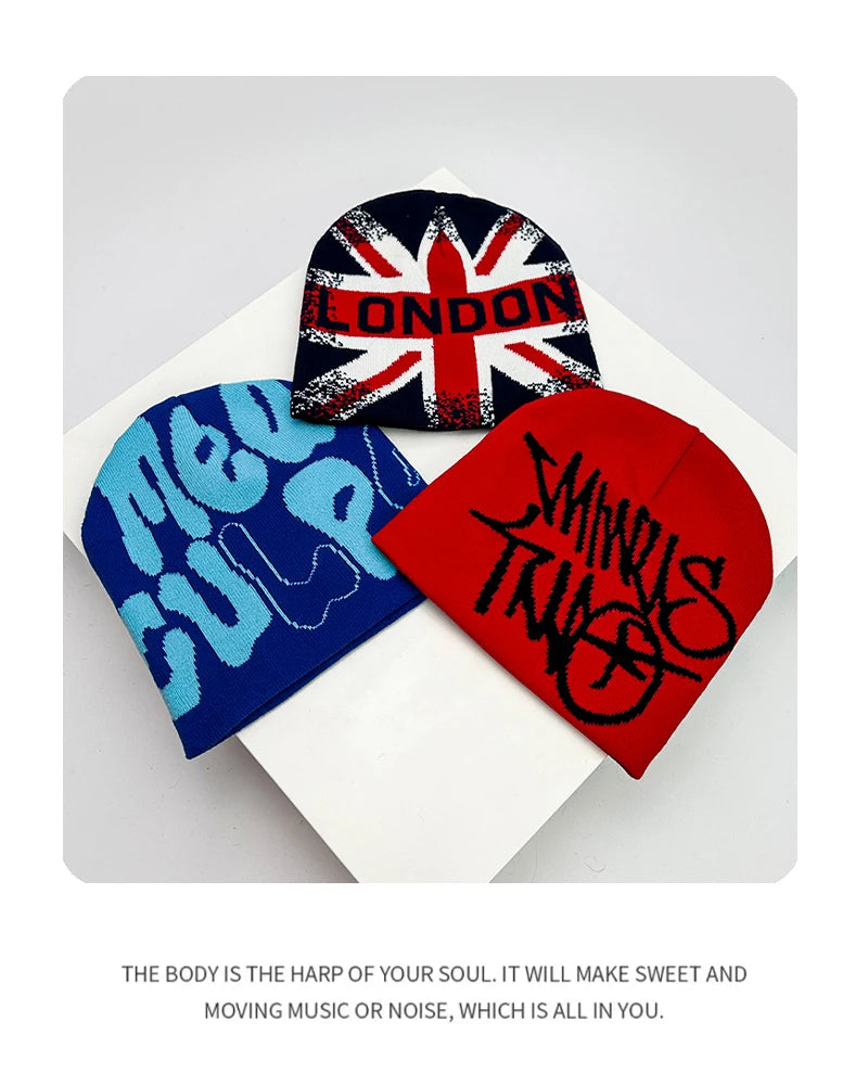 Bonnet en Laine avec Lettres – Style Hip-Hop Y2K Unisexe | Chaud & Tendance Automne Hiver