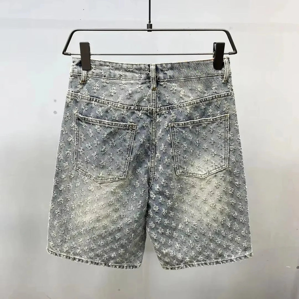 Short Denim Y2K Hip Hop Jacquard Ample Rétro — Style Américain Luxe Été Homme
