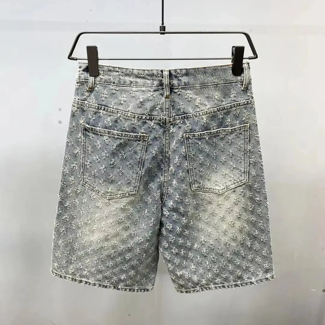 Short Denim Y2K Hip Hop Jacquard Ample Rétro — Style Américain Luxe Été Homme