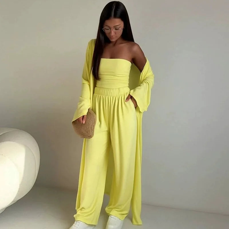Ensemble 3 Pièces Femme — Débardeur, Long Cardigan & Pantalon Large Élégant | Bureau Été