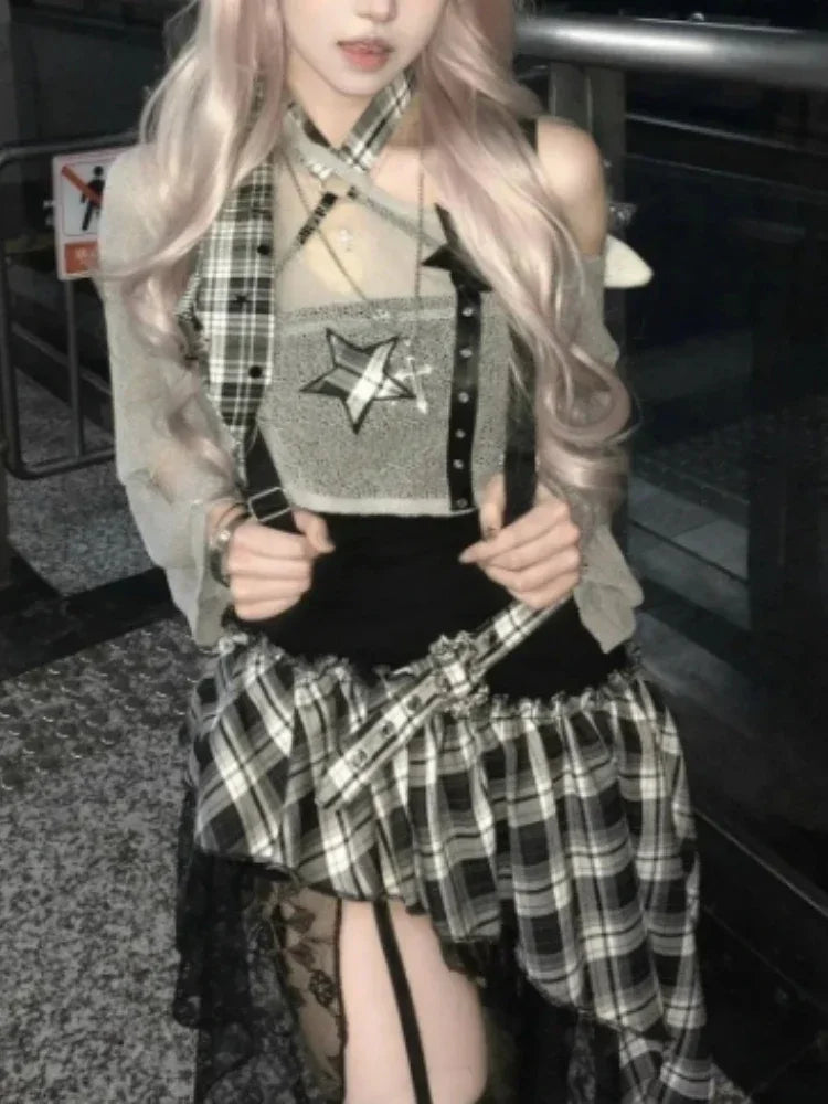 Ensemble 2 Pièces Vintage Y2K Harajuku — Haut Court Noir + Robe Irrégulière Gothique Slim | Style Coréen Rétro