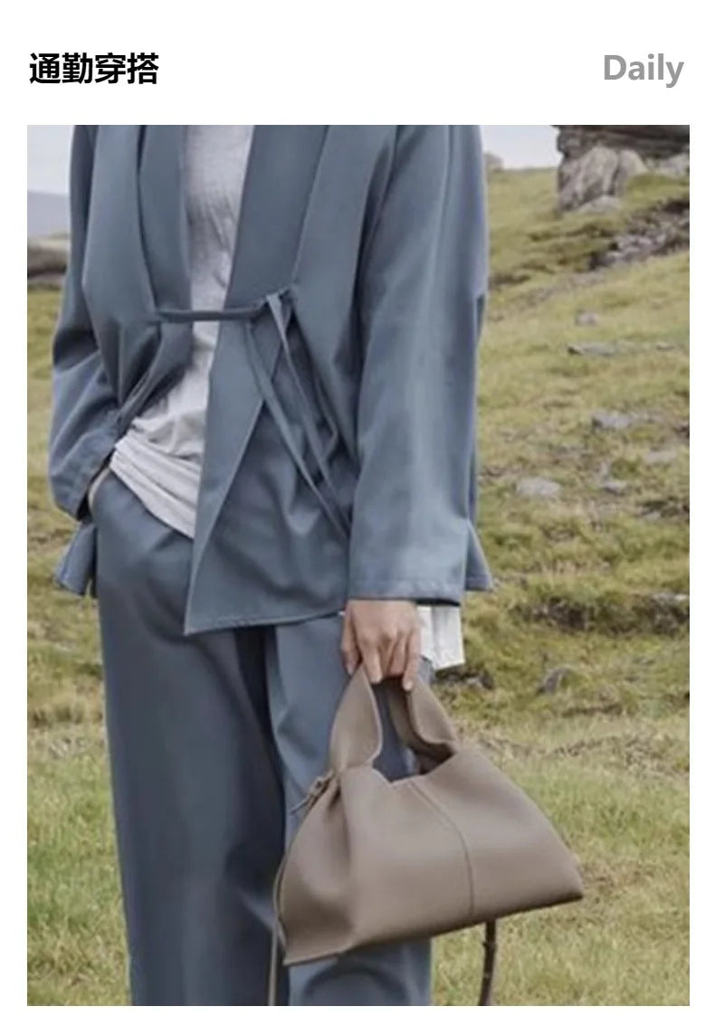 Sac Seau Plissé en Cuir Véritable — Bandoulière Luxe Couleur Unie