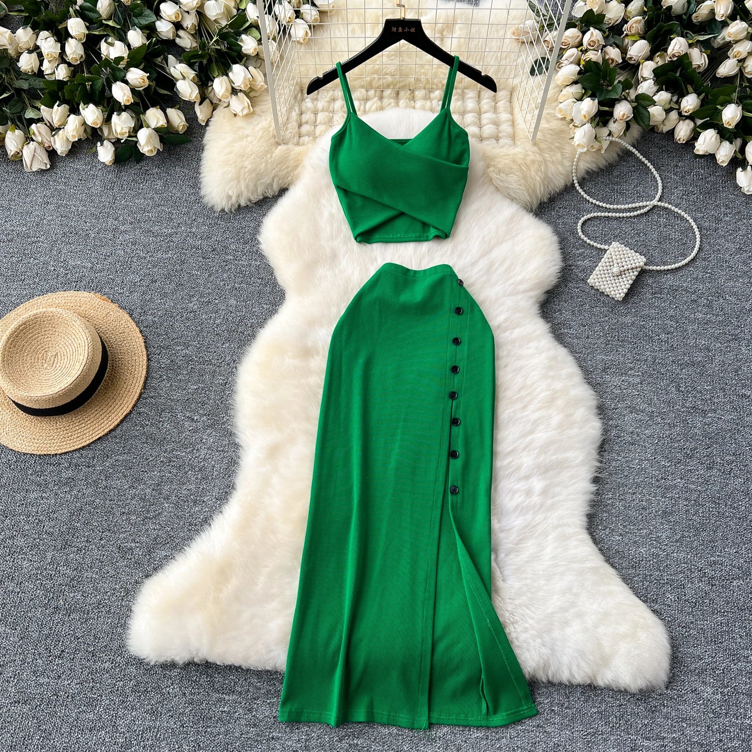 Ensemble 2 Pièces Été — Haut Court Col V + Jupe Longue Fendue Taille Haute Élastique Couleur Unie | Foamlina
