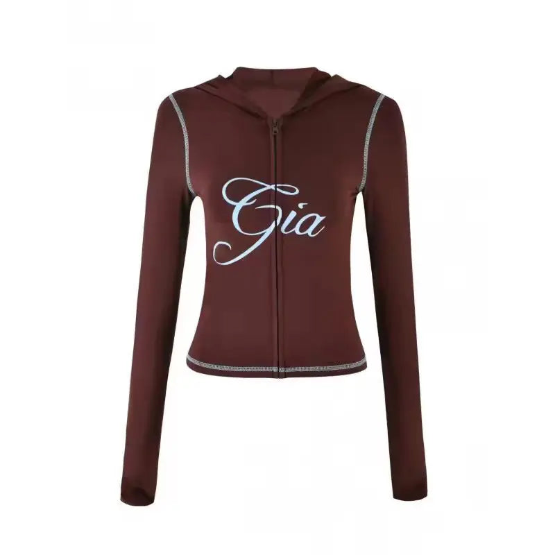 Ensemble veste courte à capuche zippée et pantalon, coupe slim, imprimé lettres, design à fils apparents, GIA