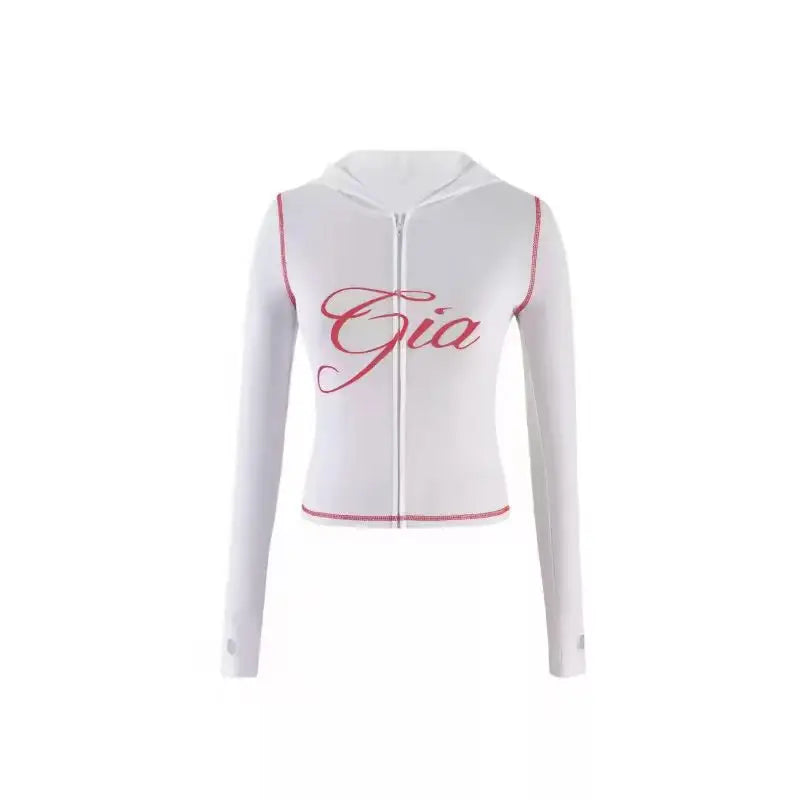 Ensemble veste courte à capuche zippée et pantalon, coupe slim, imprimé lettres, design à fils apparents, GIA