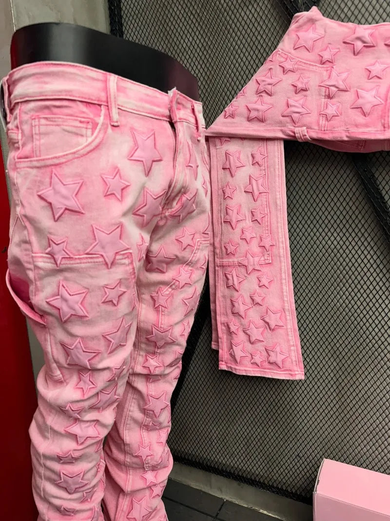 Jean Skinny Homme Y2K — Style Gothique Punk Étoile 3D Brodée Rose Harajuku Taille Basse Décontracté