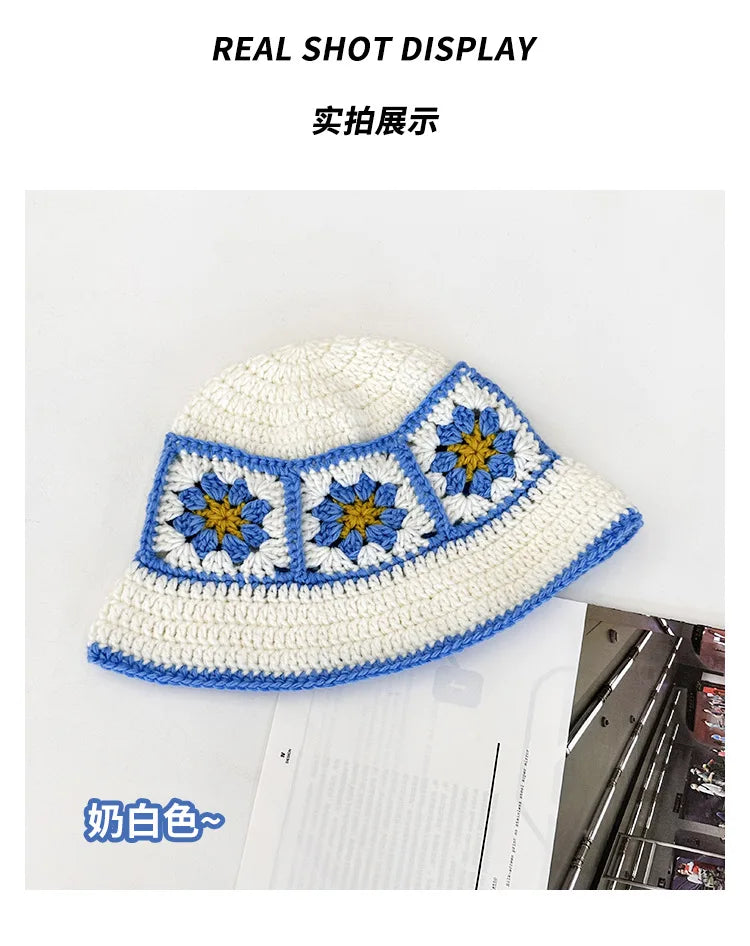 Chapeau Seau Coréen Crocheté à la Main – Bob Fleurs Y2K | Femme Automne Hiver 2025