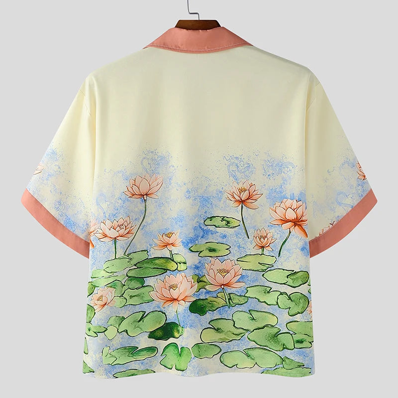 Chemise Patchwork Imprimée Manches Courtes — Col Rabattu, Streetwear Été Ample | INCERUN 2025