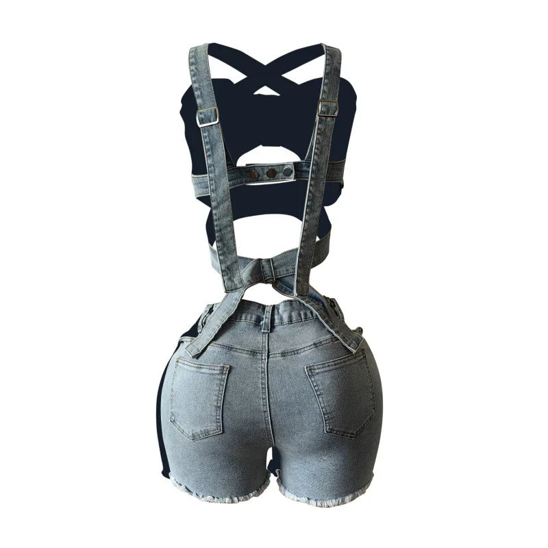 Ensemble 2 Pièces Denim — Crop Top Licou Sans Manches + Short Jean Déchiré Sexy Vacances | CM.YAYA Été 2025